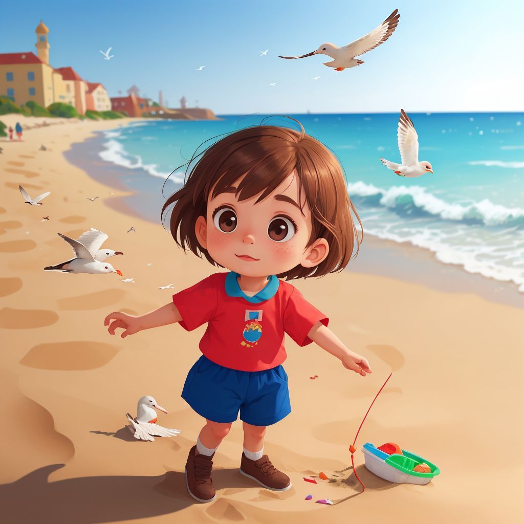 Emily avoiding colorful pieces of plastic in the sand, with a seagull flying overhead.