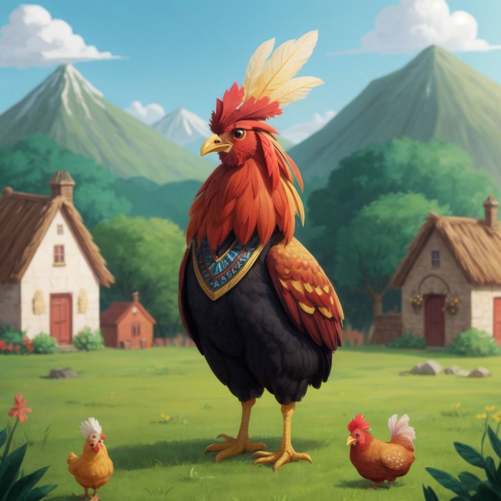 Chiken standing proudly in the yard with the village in the background, hinting at his newfound respect among the villagers.