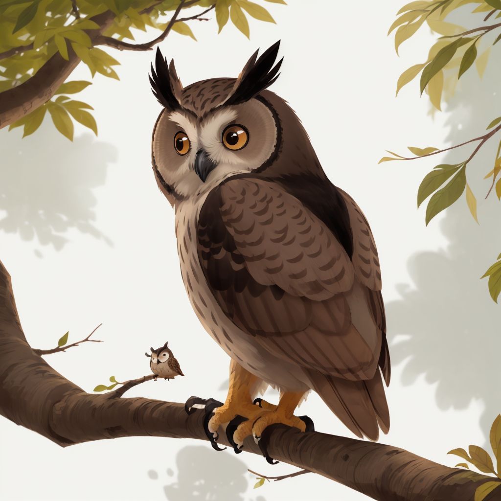 An owl perched on a branch talking to Jose and Lola