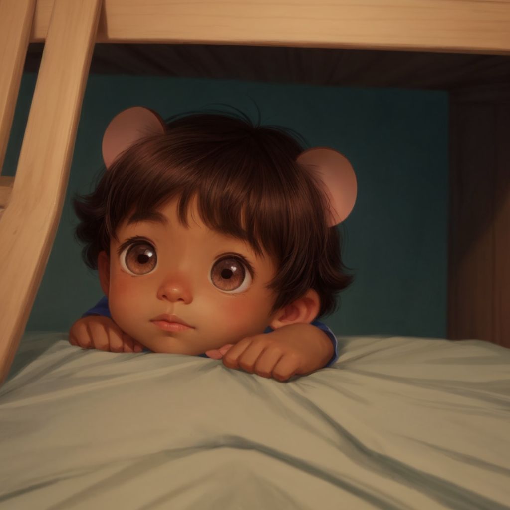 The tiny mouse with shiny eyes looking back at Maverick from under the bed