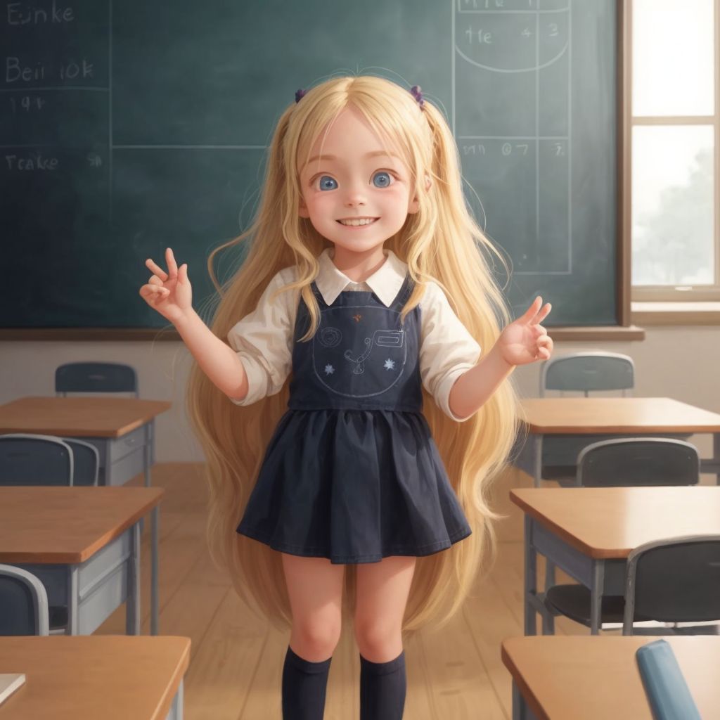 Fannie Mae with long blonde hair and a big smile, standing at the entrance of a classroom full of desks and a blackboard.