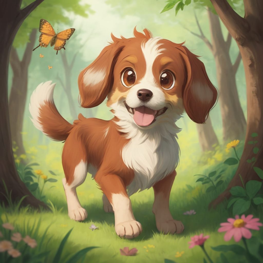 Felix, eyes wide with excitement, chasing a colorful butterfly into the woods