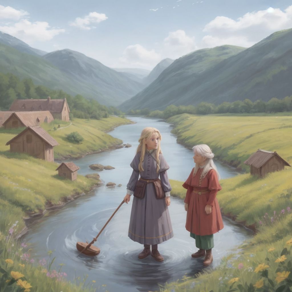 Ruth and Naomi as small figures in a vast landscape, Ruth looking determined as she helps Naomi cross a river.