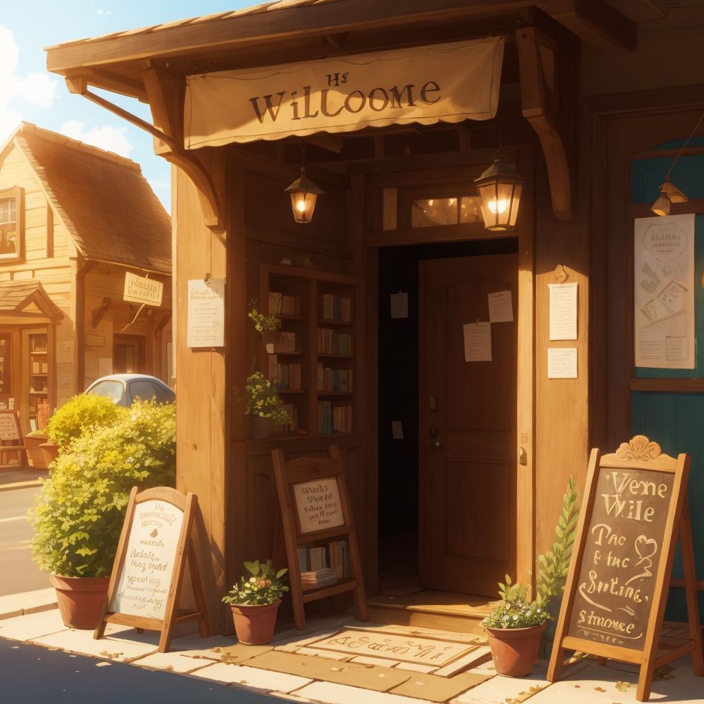 A quaint little bookstore with a 'Welcome' sign, bathed in sunlight