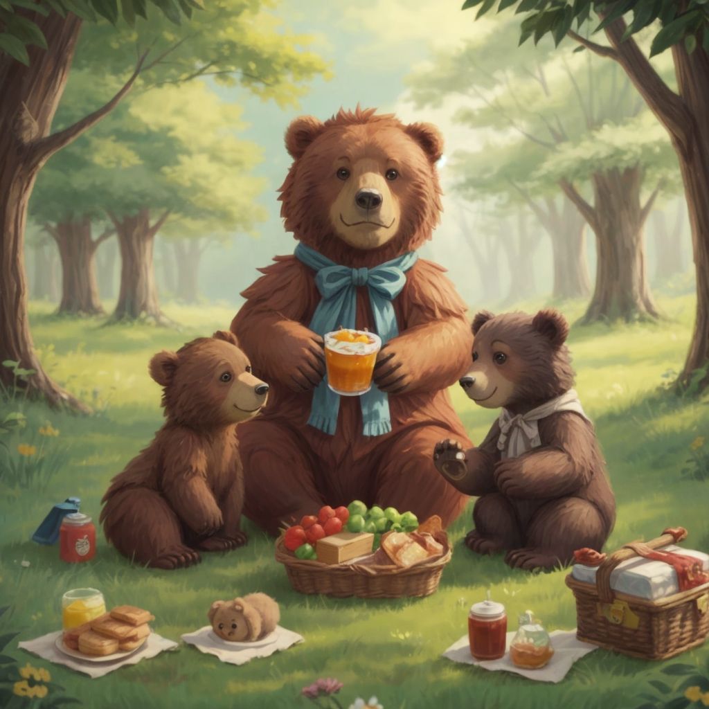 The trio having a picnic, with Baby Bear looking happy and content.