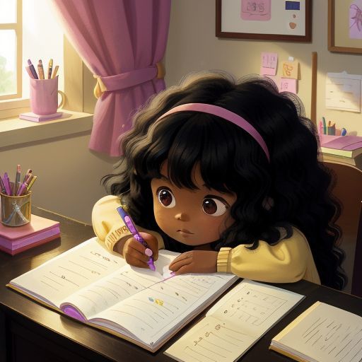 Layla writing diligently at her desk, now organized and filled with inspiration, with the magical pen casting a soft glow over the paper.