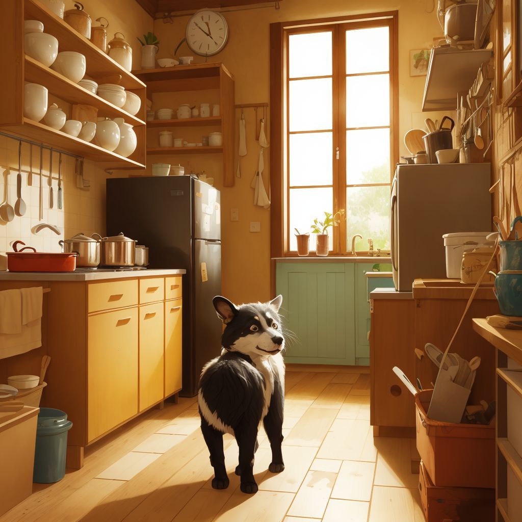 Pina searching confusedly around a cluttered kitchen, with a worried expression