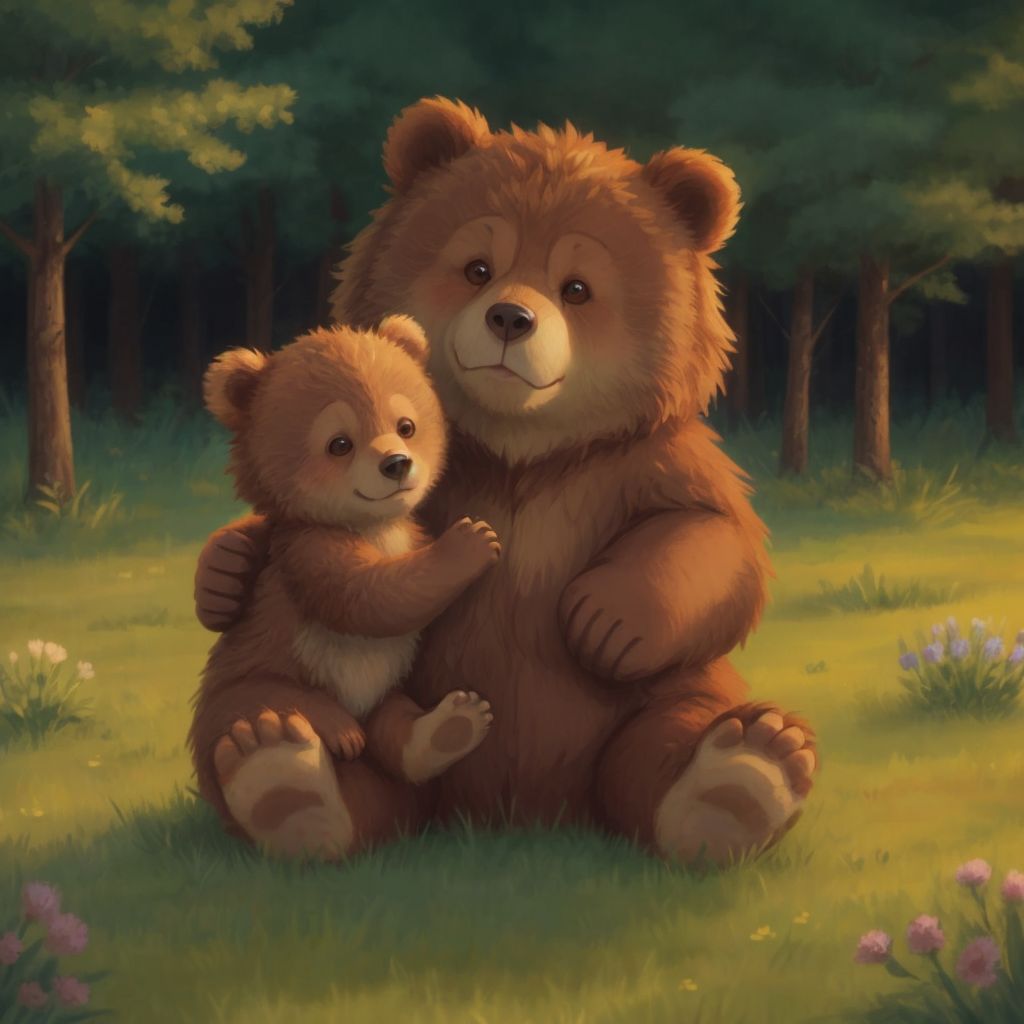 Baby Bear with tears in his eyes being hugged by Pookie in the meadow.