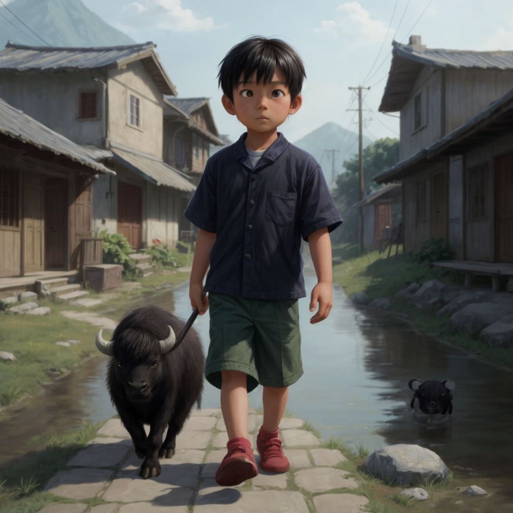 Makisig, with a mix of sadness and hope in his eyes, walking through the village with Ligaya, as the townspeople in the background watch with empathetic expressions.