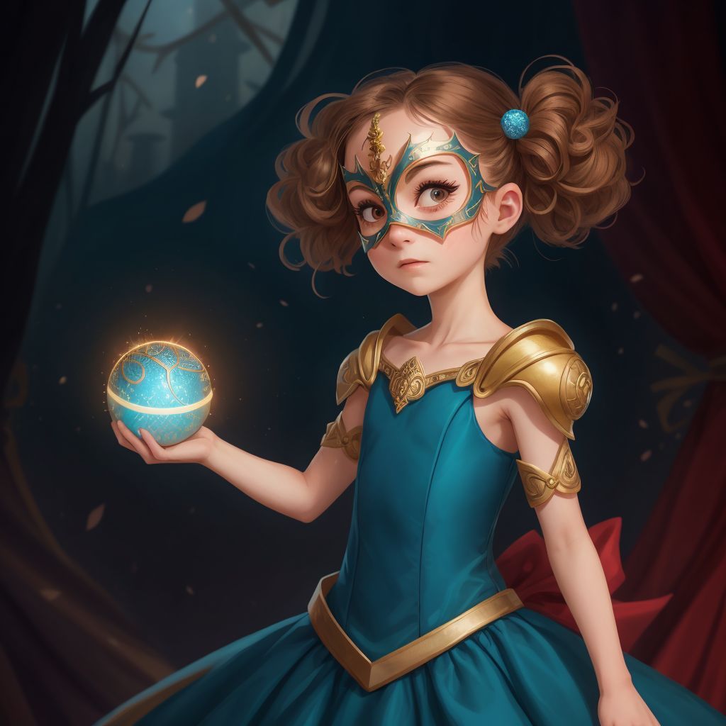 Ollie in a masquerade dress, holding the magical ball close, with an expression of resolve