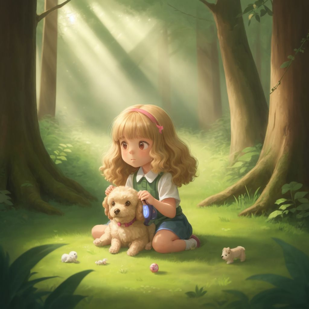Gracie playing in the forest with tall trees and sunlight filtering through, the dog playing by her side