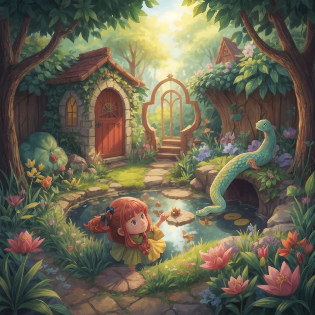 The magical garden with secret pathways and a tiny pond, Freddie's snake friend slithering on the ground, no characters visible.