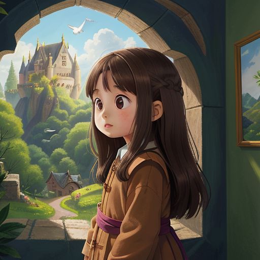 Divine standing in awe inside the castle, with walls adorned by nature paintings and the sound of birds echoing.