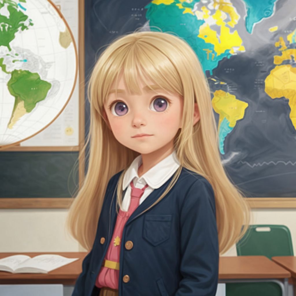 Fannie Mae approaching a shy girl in a new classroom with desks and a world map on the wall.