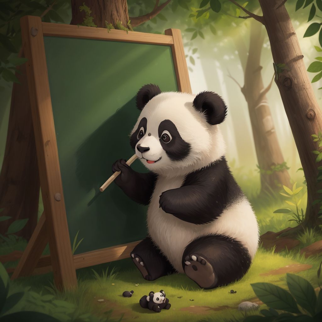 Chen teaching other animals with a blackboard in the forest