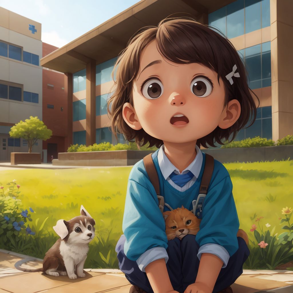 Ollie standing outside a hospital with a determined expression, Toto sitting beside her looking up