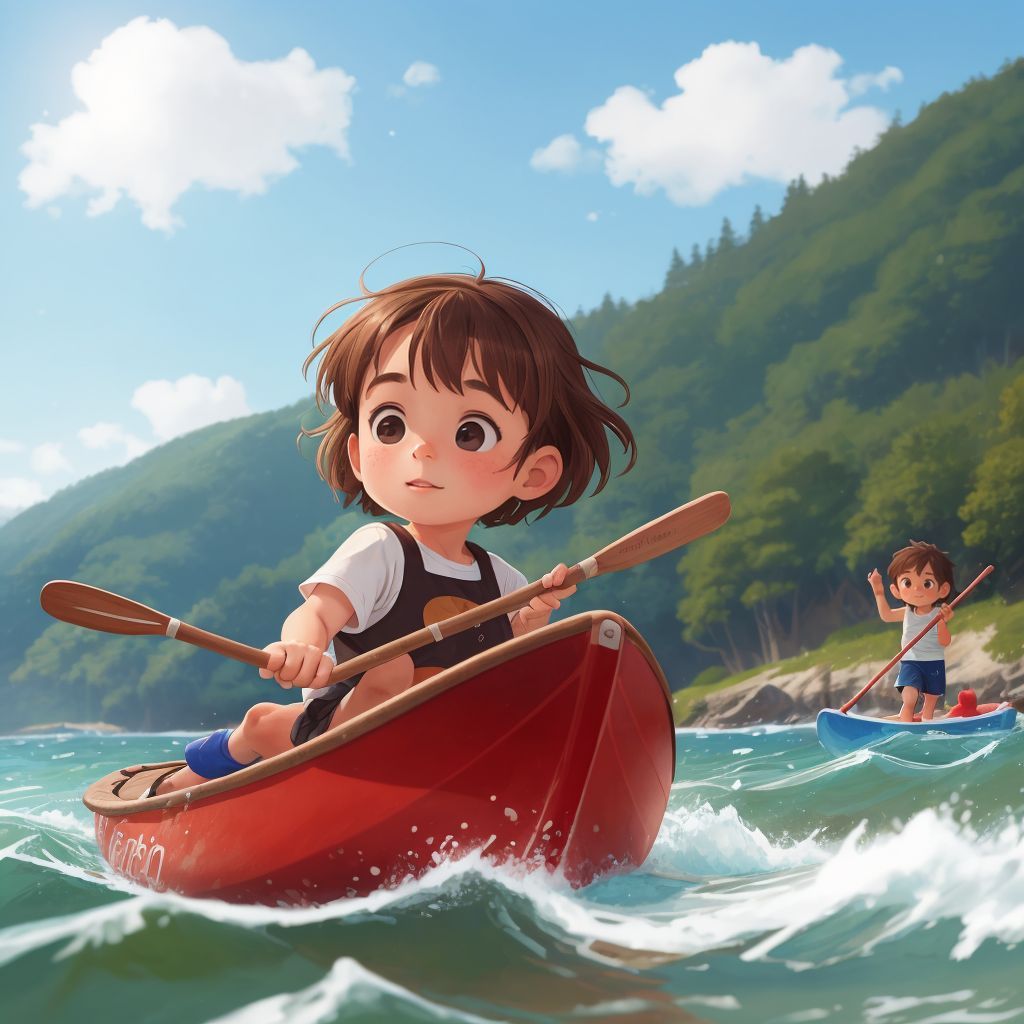 Emily paddling hard against strong currents, with Carl cheering her on from the shore.
