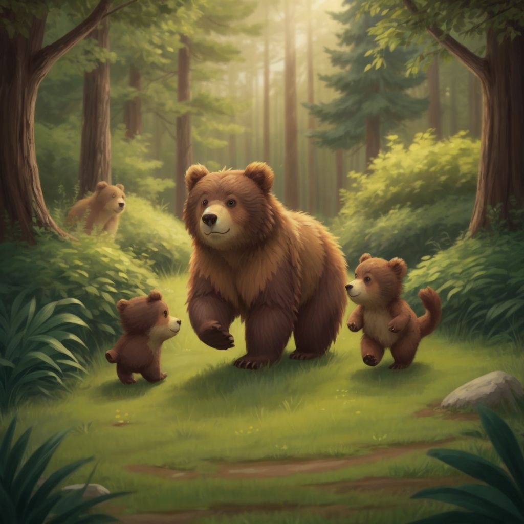 Baby Bear's family emerging from the bushes, with Baby Bear running towards them.