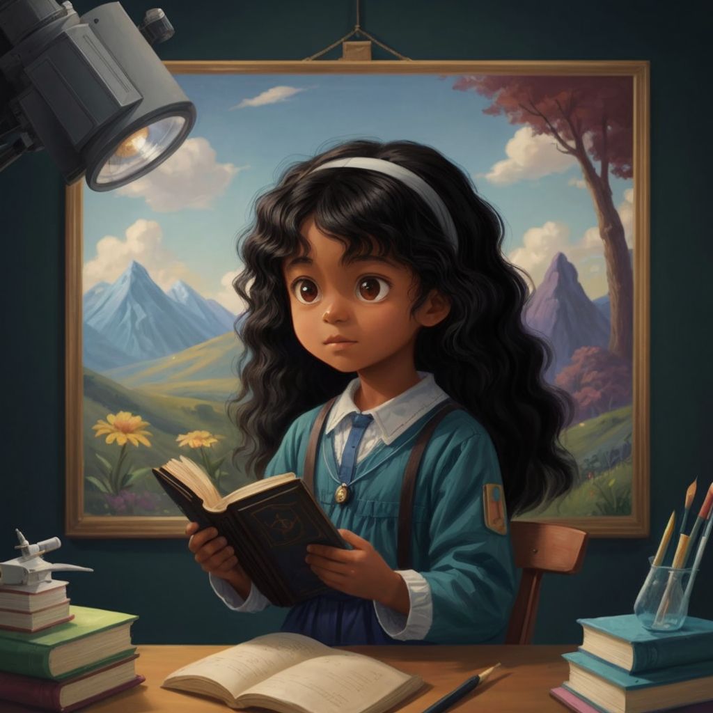 A montage of Layla in various professions - scientist with a microscope, artist painting, teacher with a book - framed within a dreamy landscape.