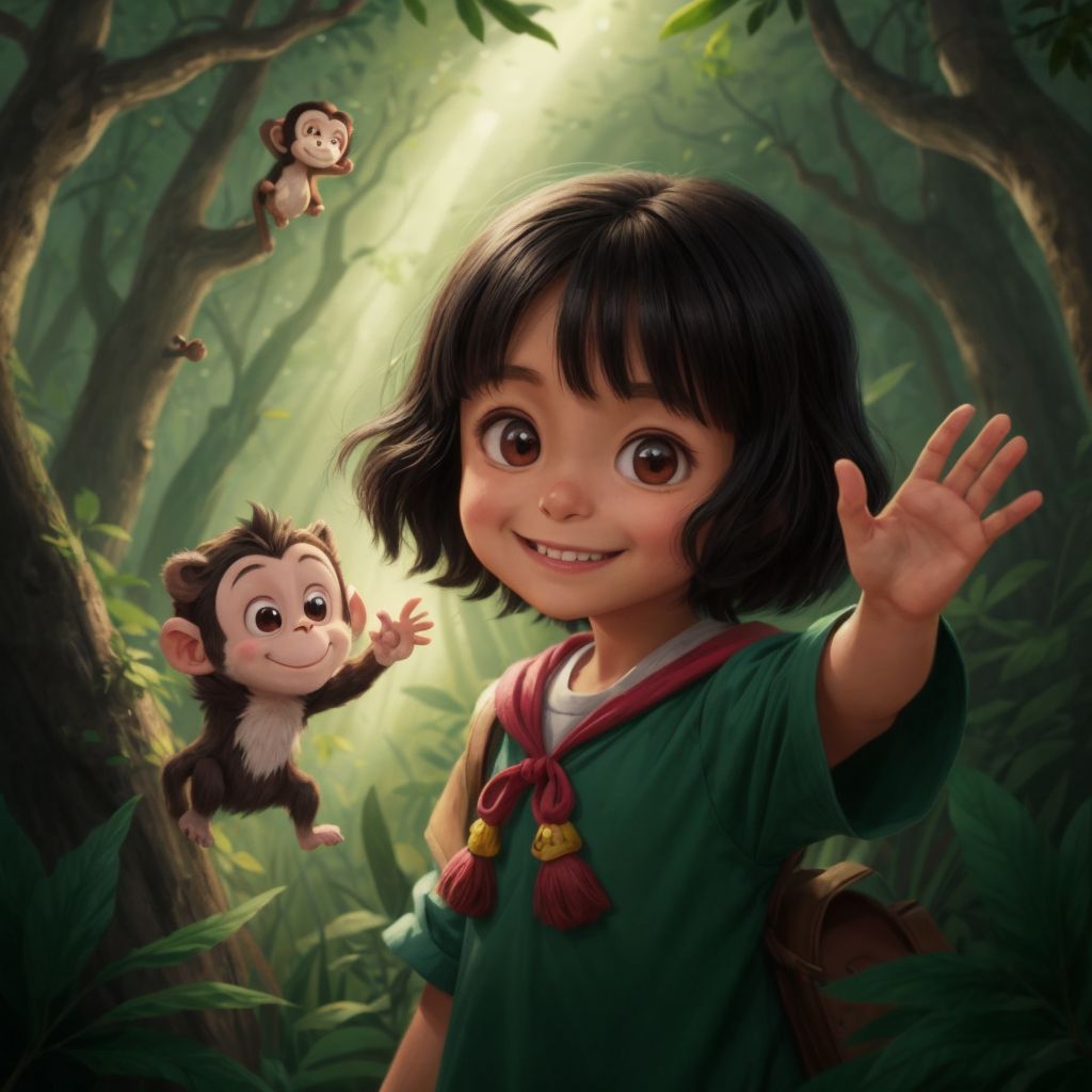 A friendly monkey in the enchanted forest, with Sa Sa visible in the background, smiling and waving at the monkey.