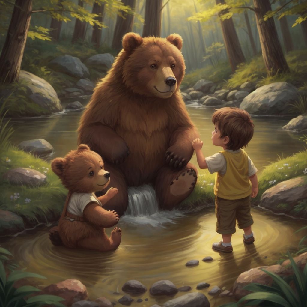 Baby Bear and Pookie learning from the little boy by the stream.