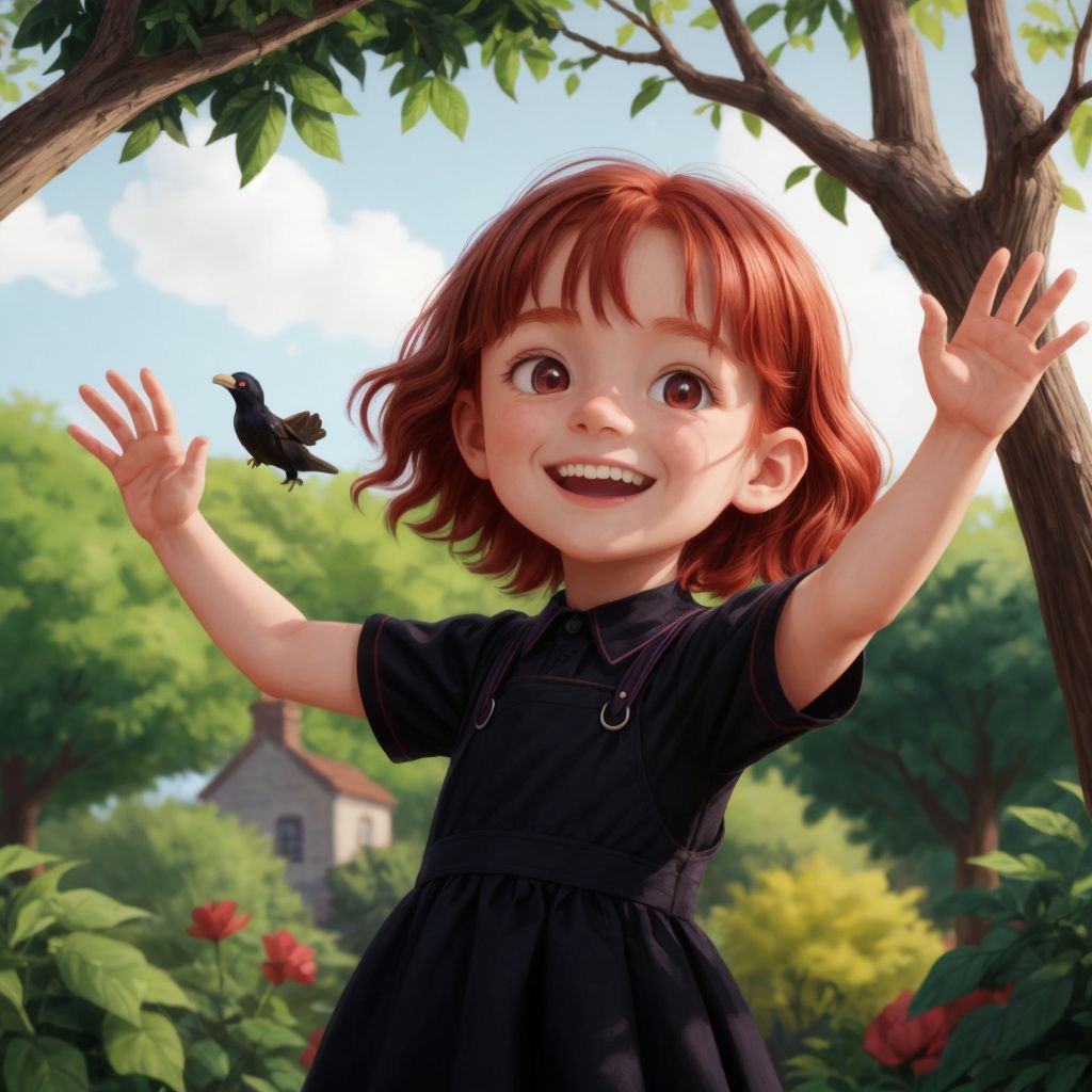 Freddie in the garden, smiling and waving at a shiny black grackle perched on a tree branch with interest in its eyes.