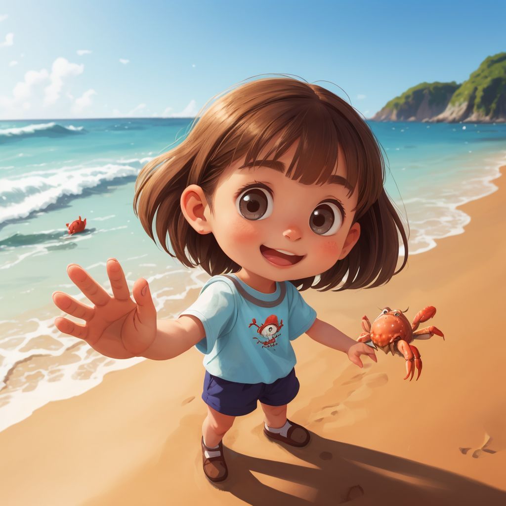 Emily and a friendly crab named Carl, with Carl waving his claw, on the sandy beach.