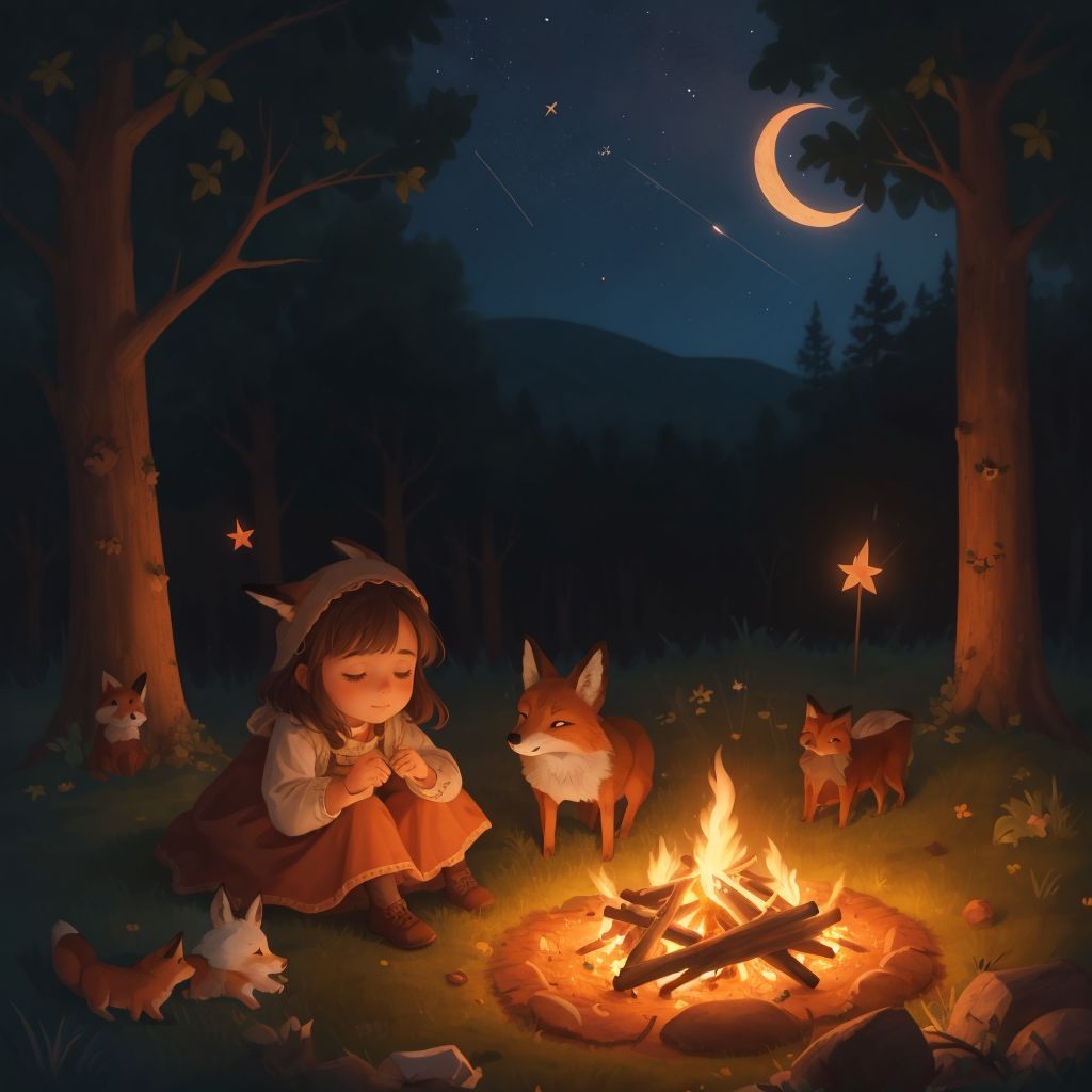 Lily and the fox asleep under the stars, a small campfire dying out