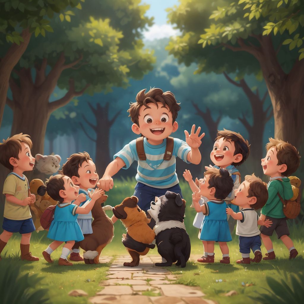 Ollie and Toto saying goodbye to a group of children, with Ollie smiling warmly and Toto wagging his tail
