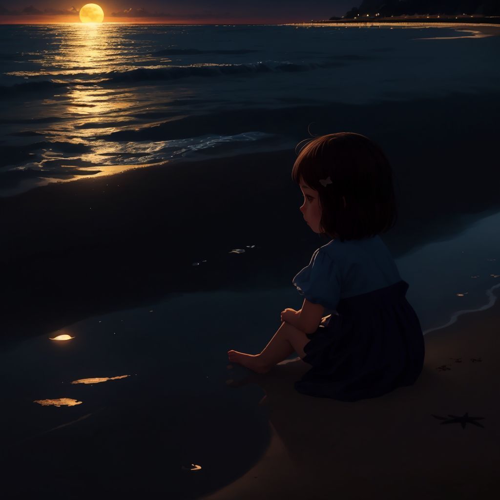 Moonlight reflecting on the water, with Emily and Carl's shadows visible on the beach.
