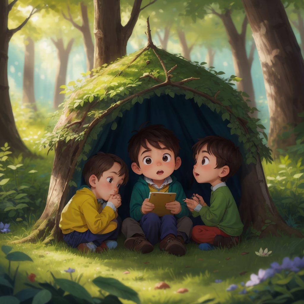 Children huddled together in a forest, planning with determined expressions