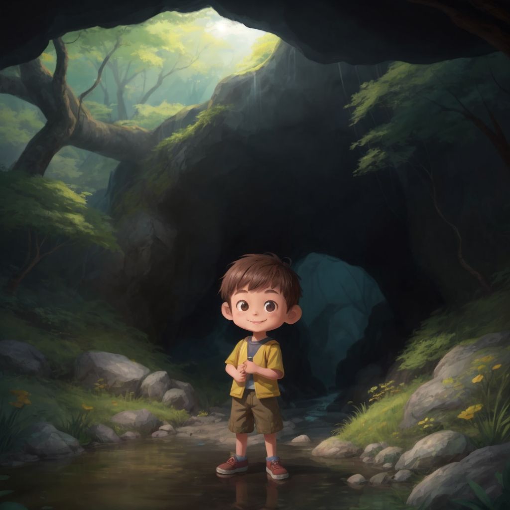 Marcus, with a friendly and inviting smile, standing beside a bubbling brook with a backdrop of a mysterious cave entrance and whispering grove of trees.