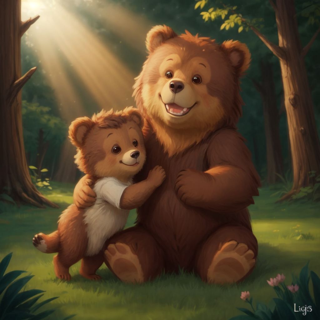 Baby Bear with a big smile, being embraced by Pookie and the little boy.