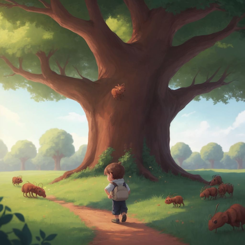 Charlie walking past industrious ants, with the old oak tree visible in the distance