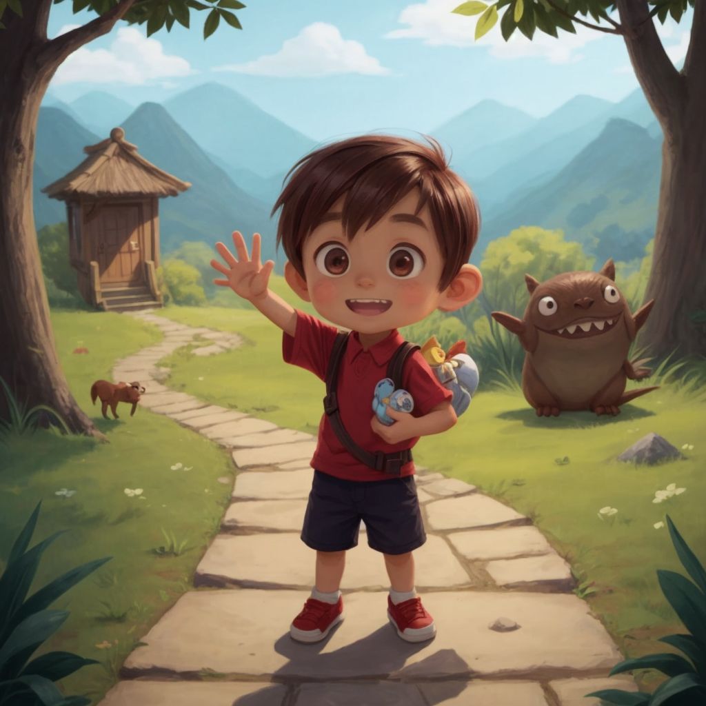 Danny waving goodbye to the Tooth Wizard, holding a special gift, with a path leading back to his home in the distance