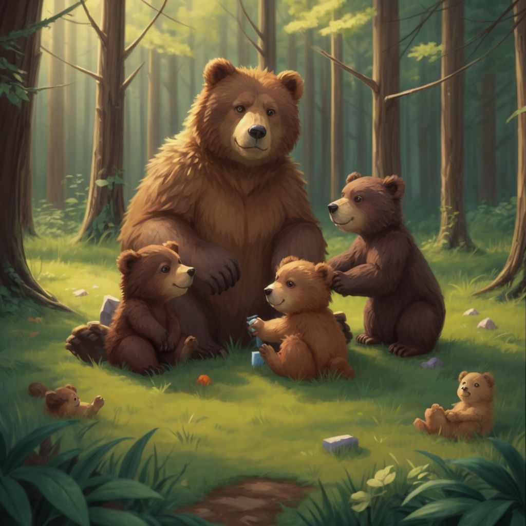 The two families and Baby Bear playing a game together in the forest.