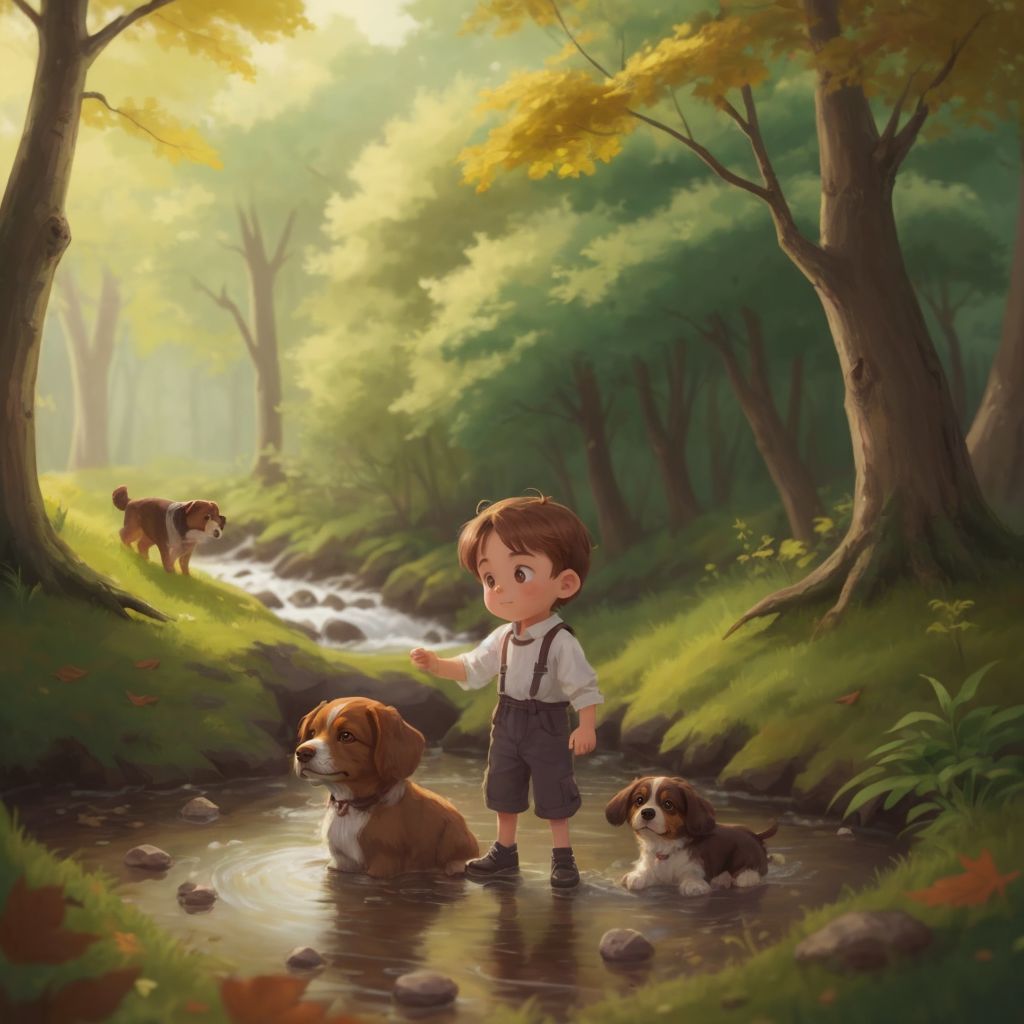 Charlie and Felix working together by a stream, surrounded by nature, building a fort out of sticks and leaves