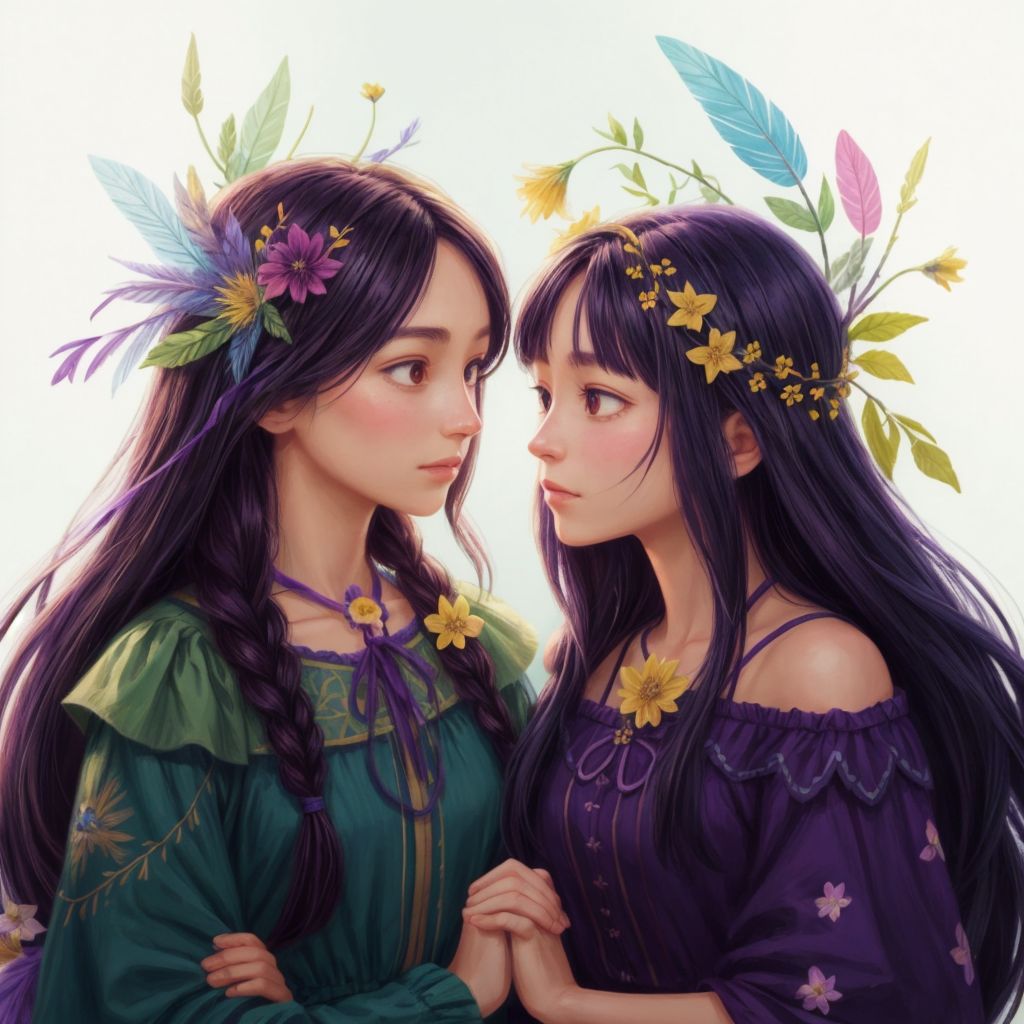 A symbolic image of tangled hair with flowers and a grackle feather, representing the friendship, no characters visible.