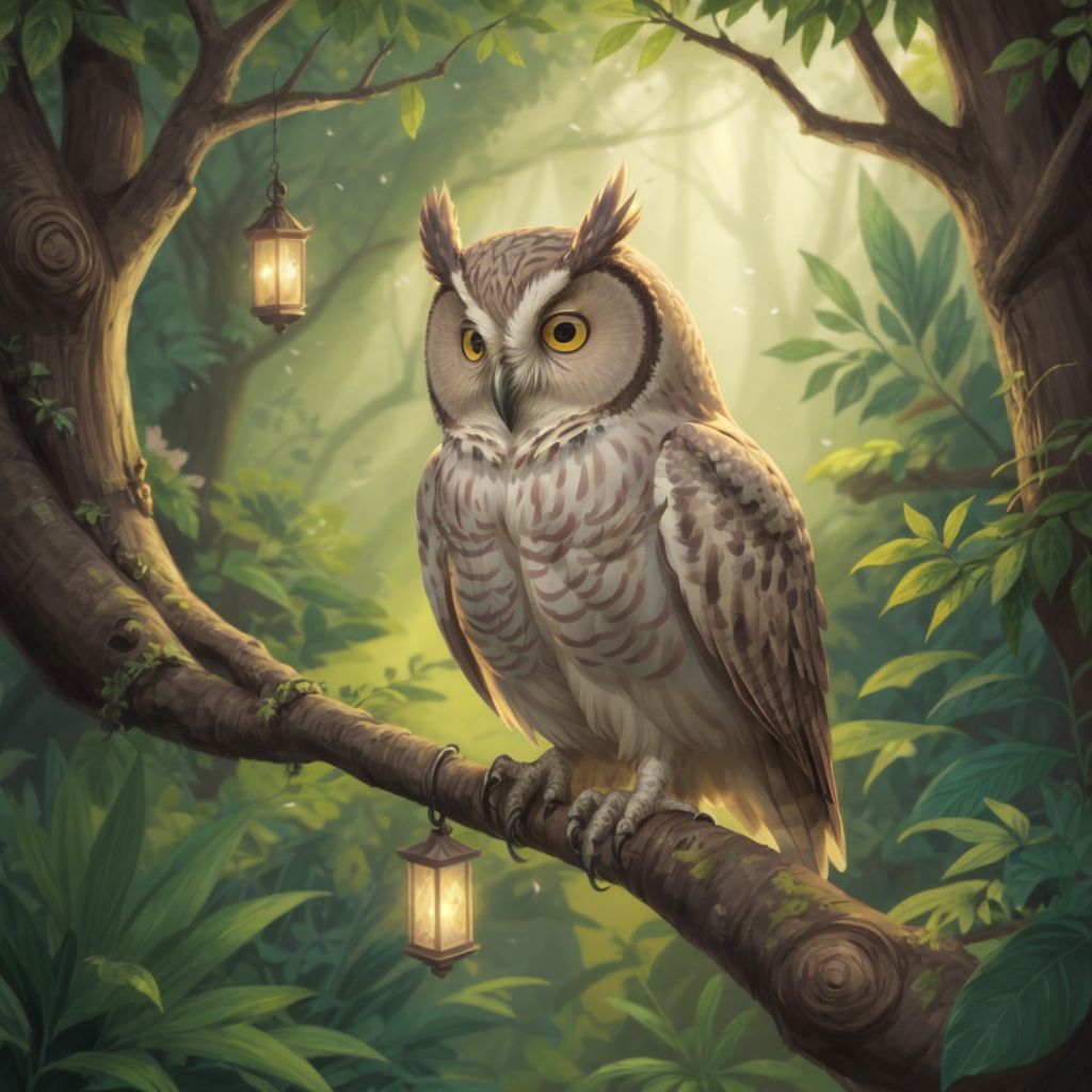 A wise old owl, Ollie, perched on a branch in the magical garden, with a serene expression.