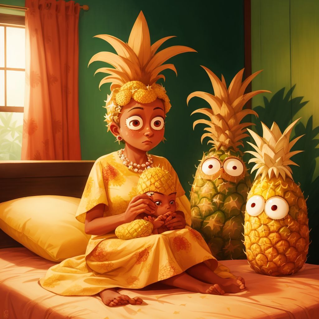 A pineapple covered in eyes sitting on a bed, with a mother staring in disbelief in the background
