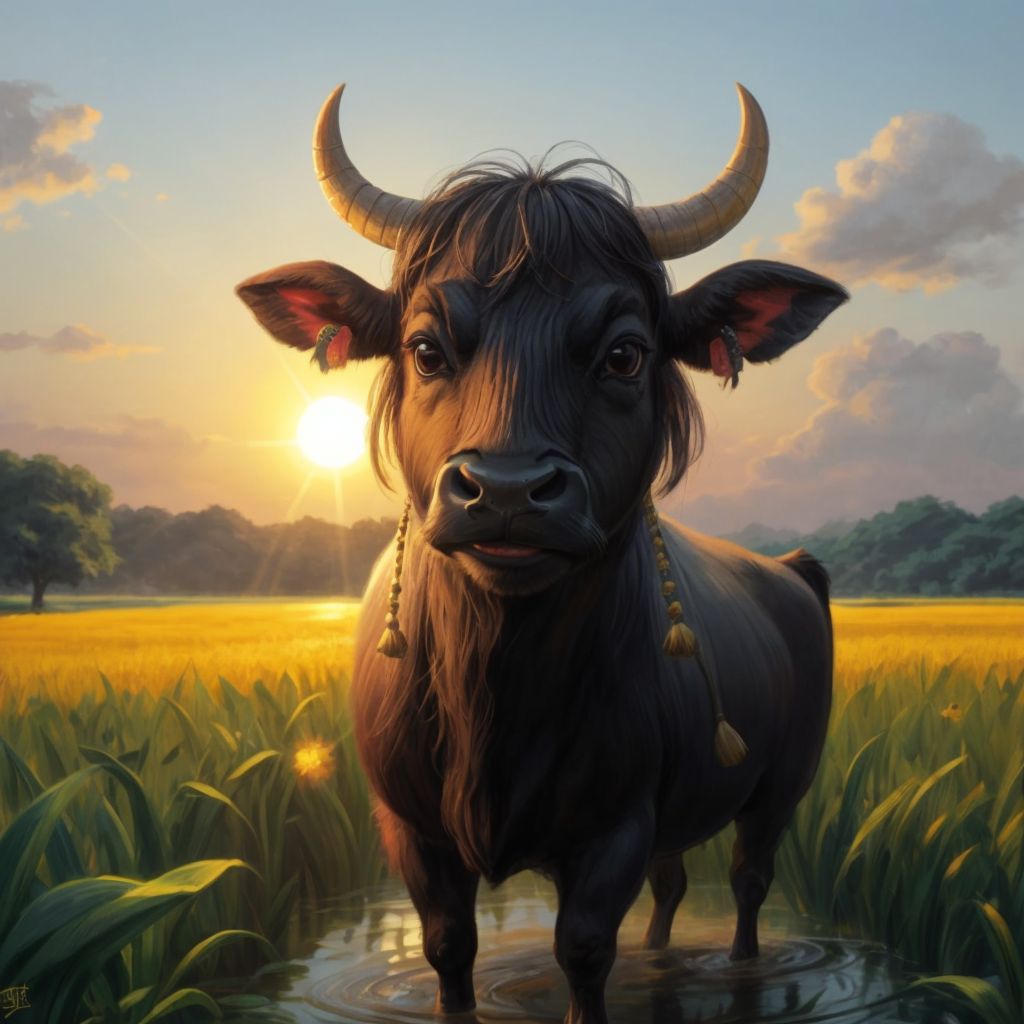 Ligaya the water buffalo, with gentle eyes and a happy snort, standing in the middle of a golden rice field with the sun setting behind her.