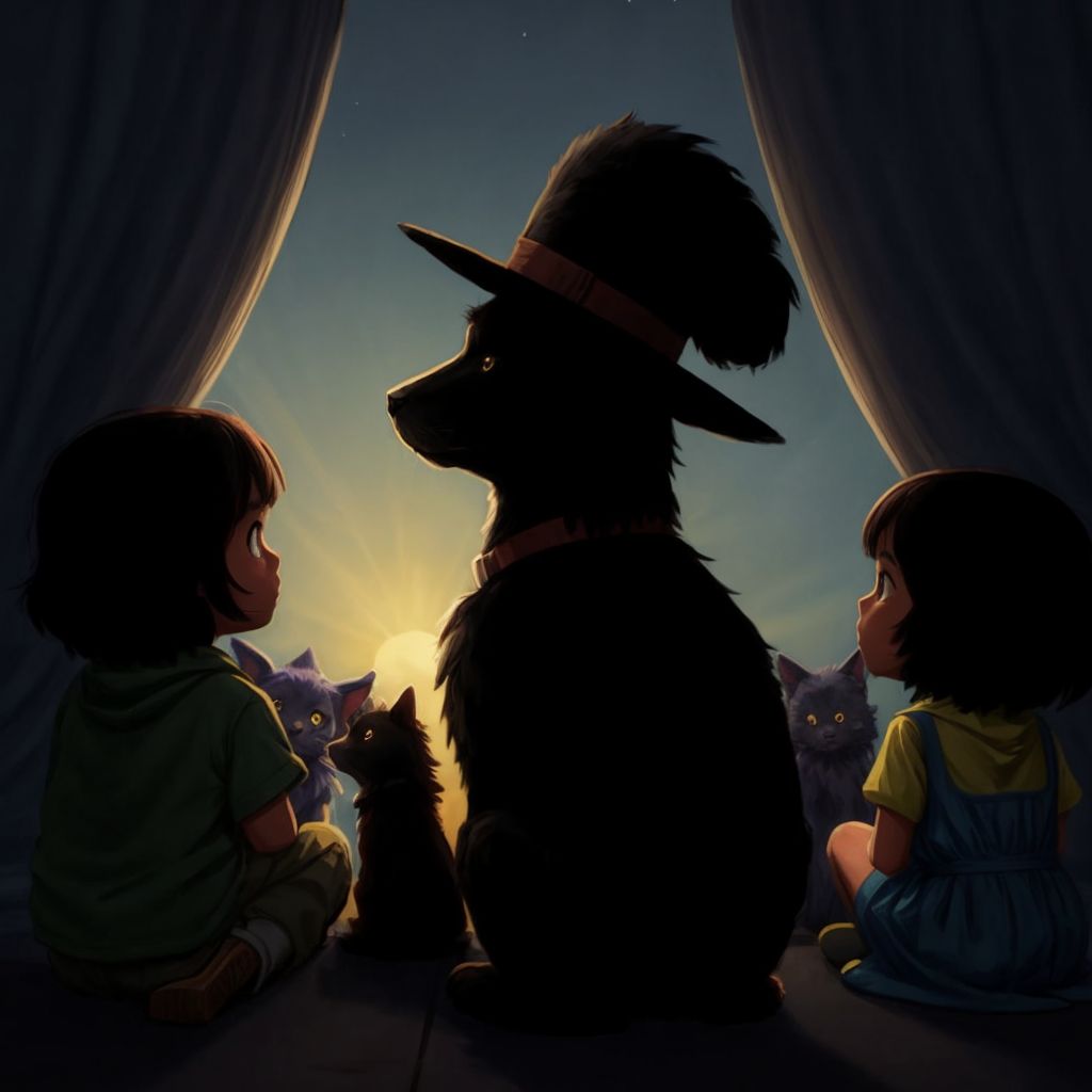 A silhouette of Quincy speaking to an audience of children and animals, inspiring them.