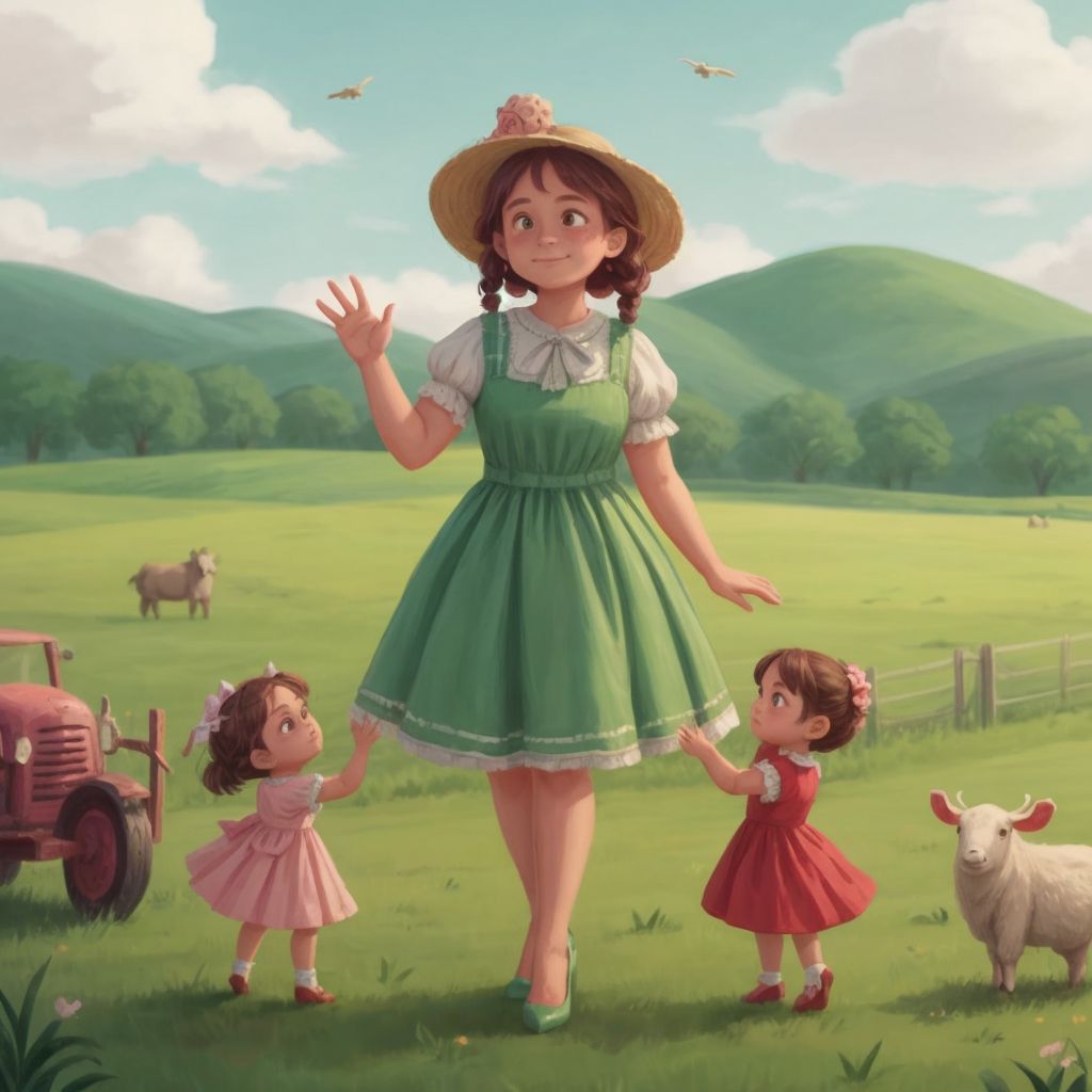 Mamá cerdito, wearing a dress and high heels, waving goodbye to her children with a tender yet sad expression on a farm background.