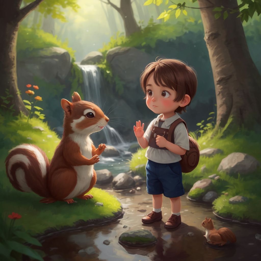 Charlie talking to a kind squirrel by a bubbling brook, with a look of gratitude