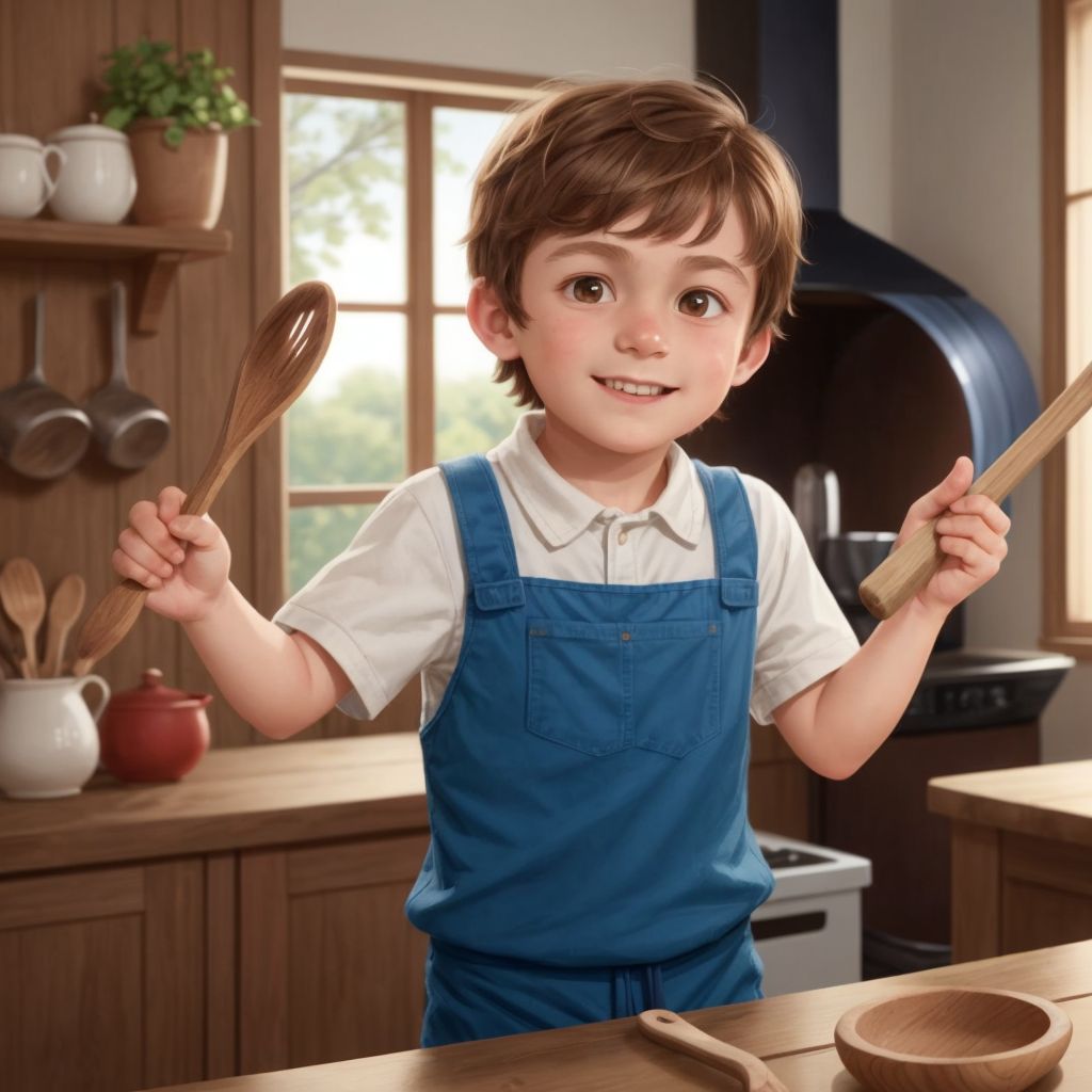 JC, with a determined and joyful expression, holding a wooden spoon like a wand, with a backdrop of the kitchen.