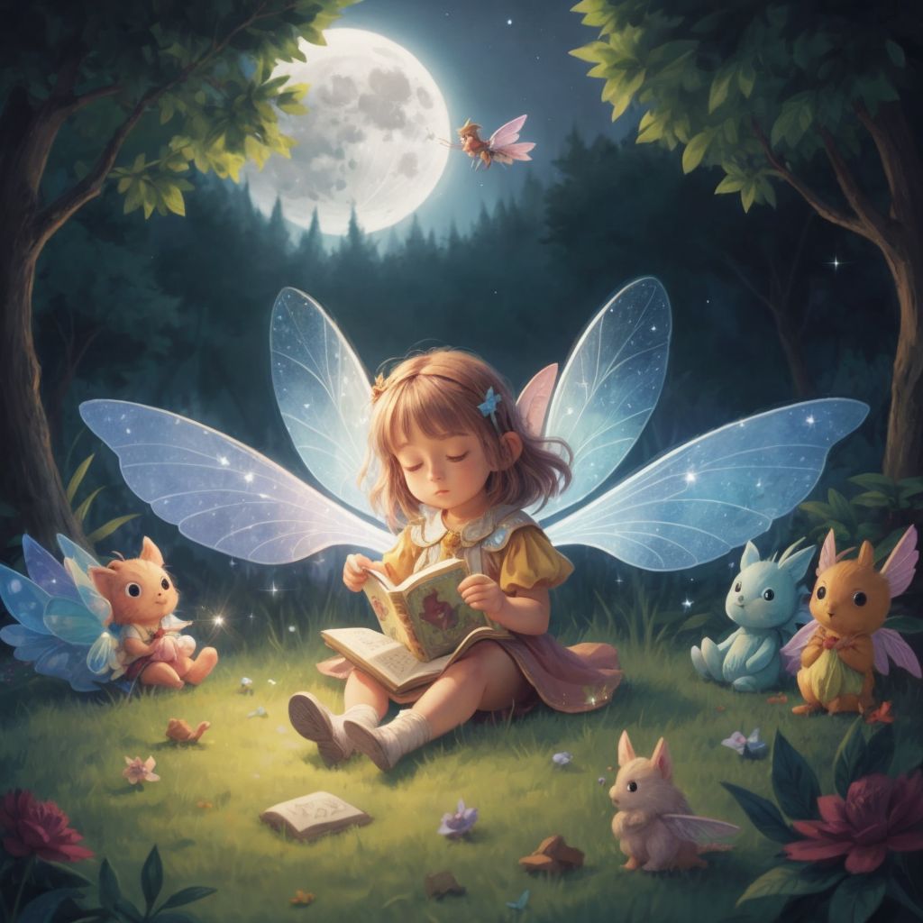 Felicity sitting in a circle with friends, a storybook open in her lap, under a moonlit sky.