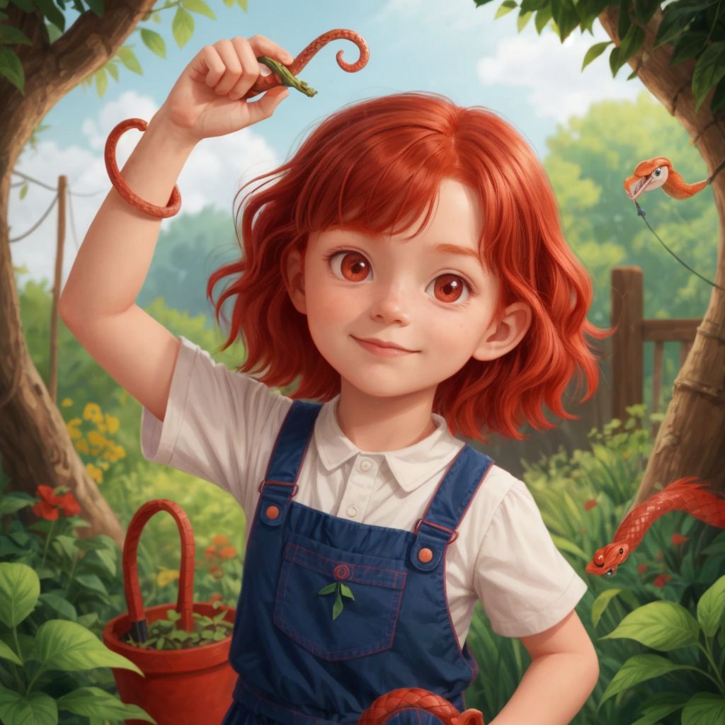 Freddie with her wild, tangled red hair, a gardener snake playfully peeking out, both looking content.