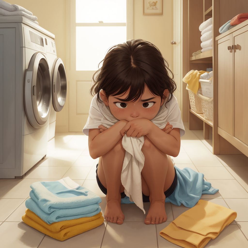 Pina looking under a pile of laundry for a towel, with a look of frustration