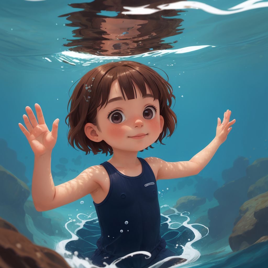 Emily swimming into the deep blue ocean, with Carl waving goodbye from the shore.