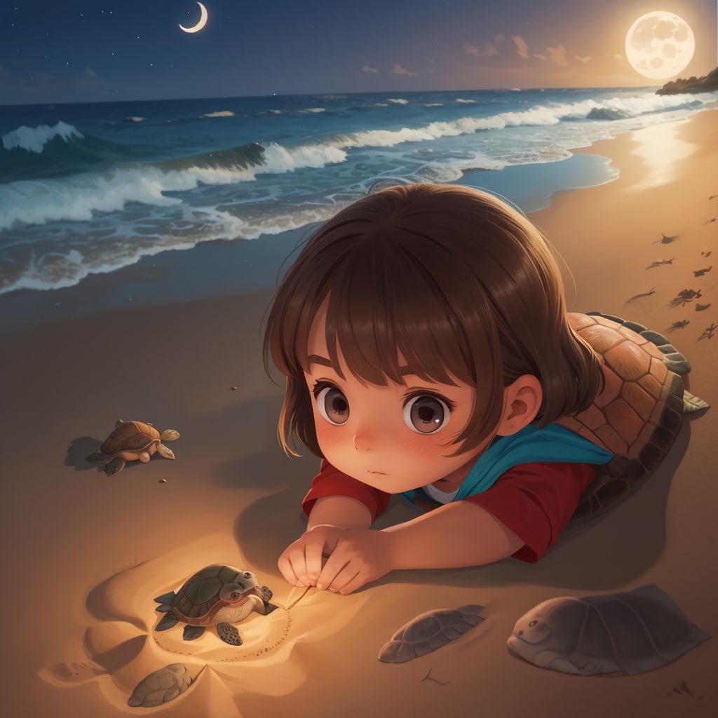 Emily, the sea turtle, emerging from the sand under the moonlight, looking determined.